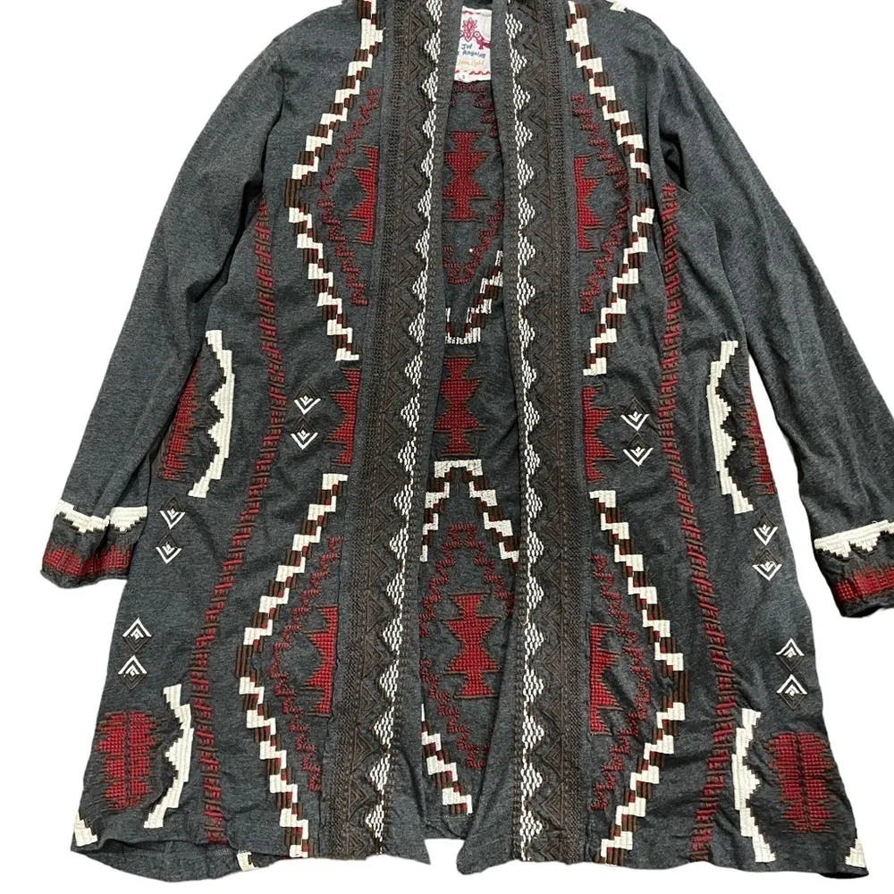 Johnny Was Embroidered Southwestern Long Open Cardigan Gray Red S Small